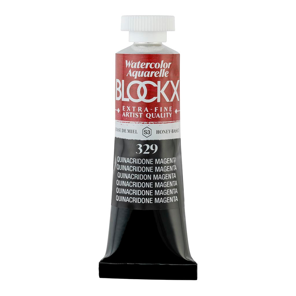 15ml tube of BLOCKX Quinacridone Magenta watercolour, featuring vibrant, lightfast pigment ideal for blending and layering techniques.