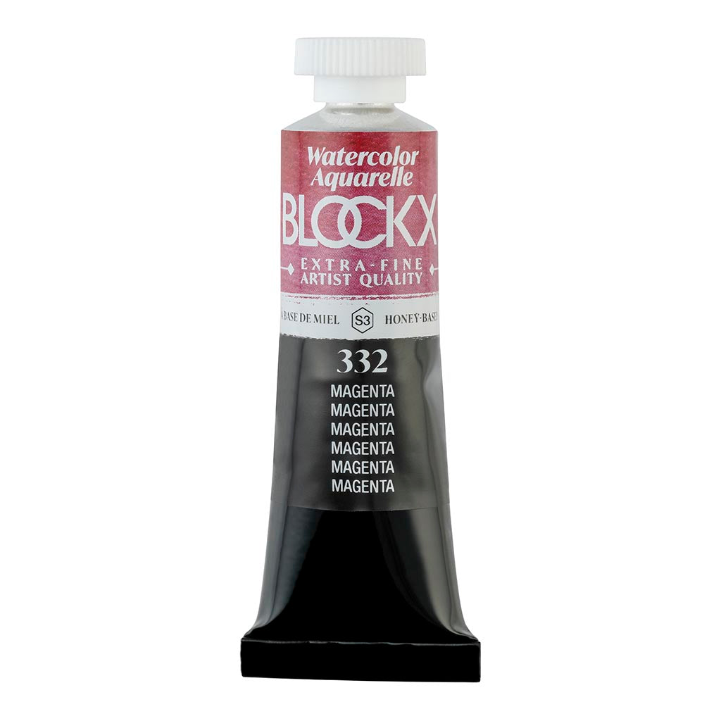 Vibrant 15ml BLOCKX Watercolour Tube in Magenta (S3 332), featuring lightfast pigments for lasting brilliance and transparency.