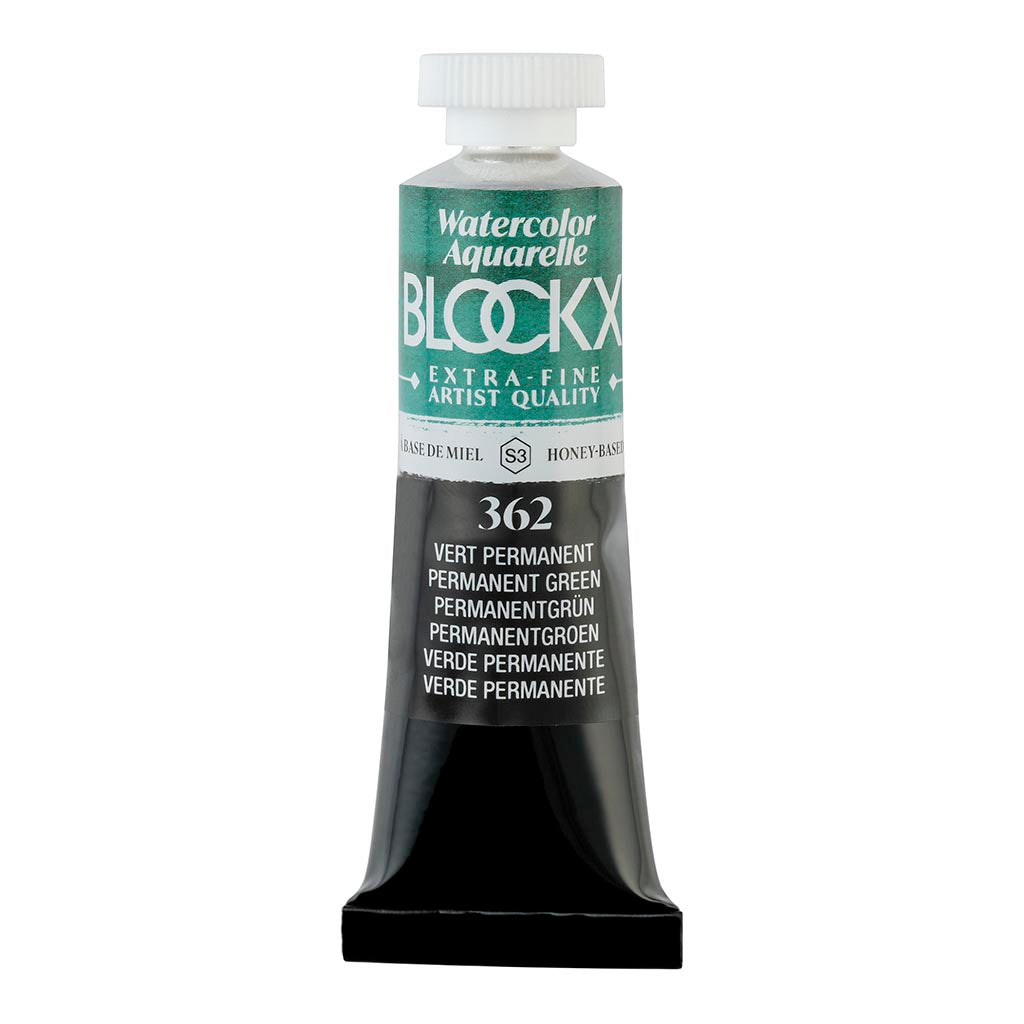 BLOCKX 15ml S3 362 Permanent Green watercolour tube showcasing vibrant, light-resistant green pigment for artists.
