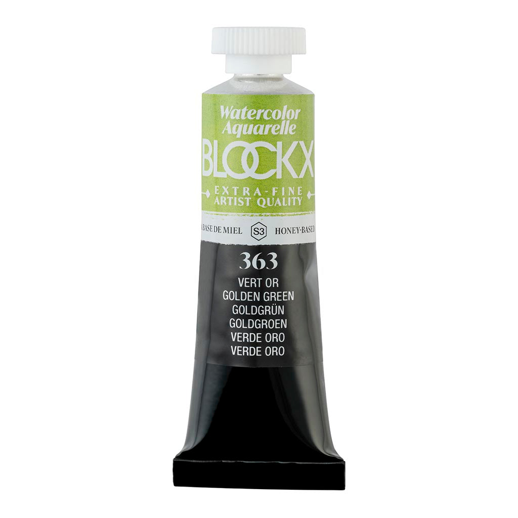 BLOCKX 15ml Watercolour Tube in S3 363 Golden Green, featuring light-resistant pigments for vibrant, durable art.