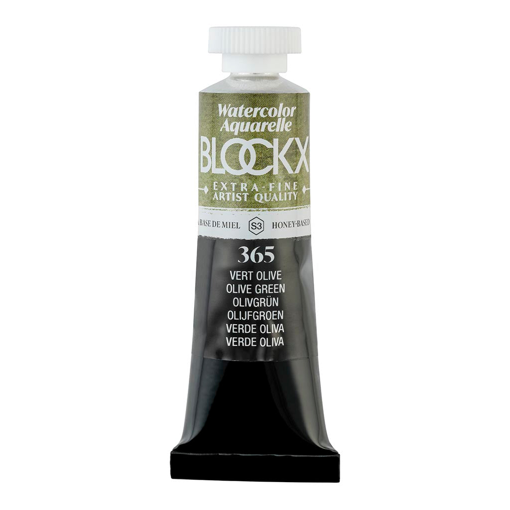 BLOCKX 15ml Watercolour Tube in Olive Green (365), featuring lightfast pigments for vibrant, transparent artwork.