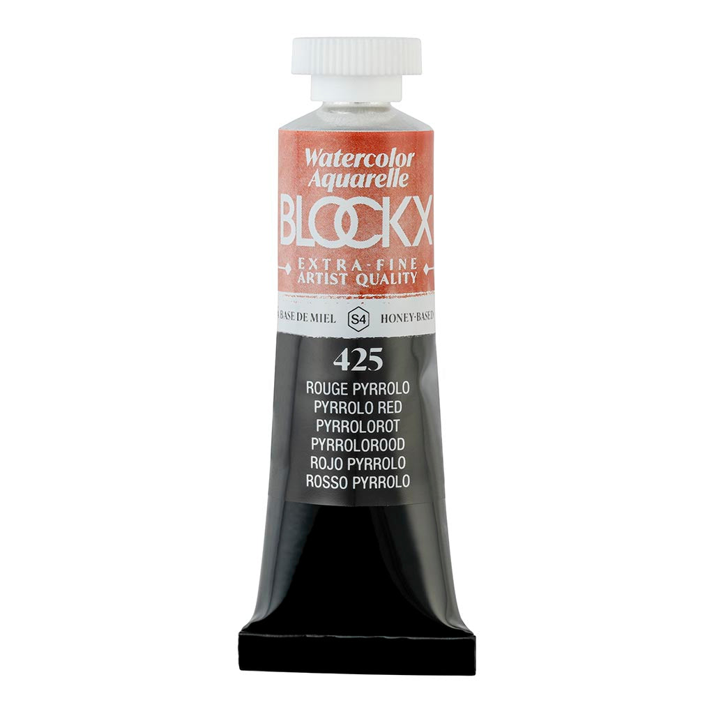 BLOCKX Watercolour Tube 15ml S4 425 Pyrrolo Red featuring semi-transparent, light-resistant pigments for vibrant artwork.