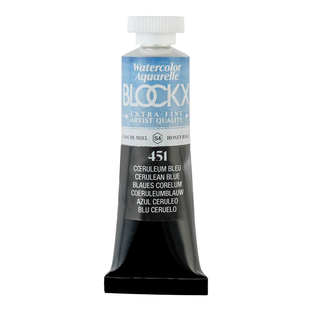 Vibrant 15ml tube of BLOCKX Cerulean Blue watercolour, ideal for serene skies and tranquil waters in artwork.