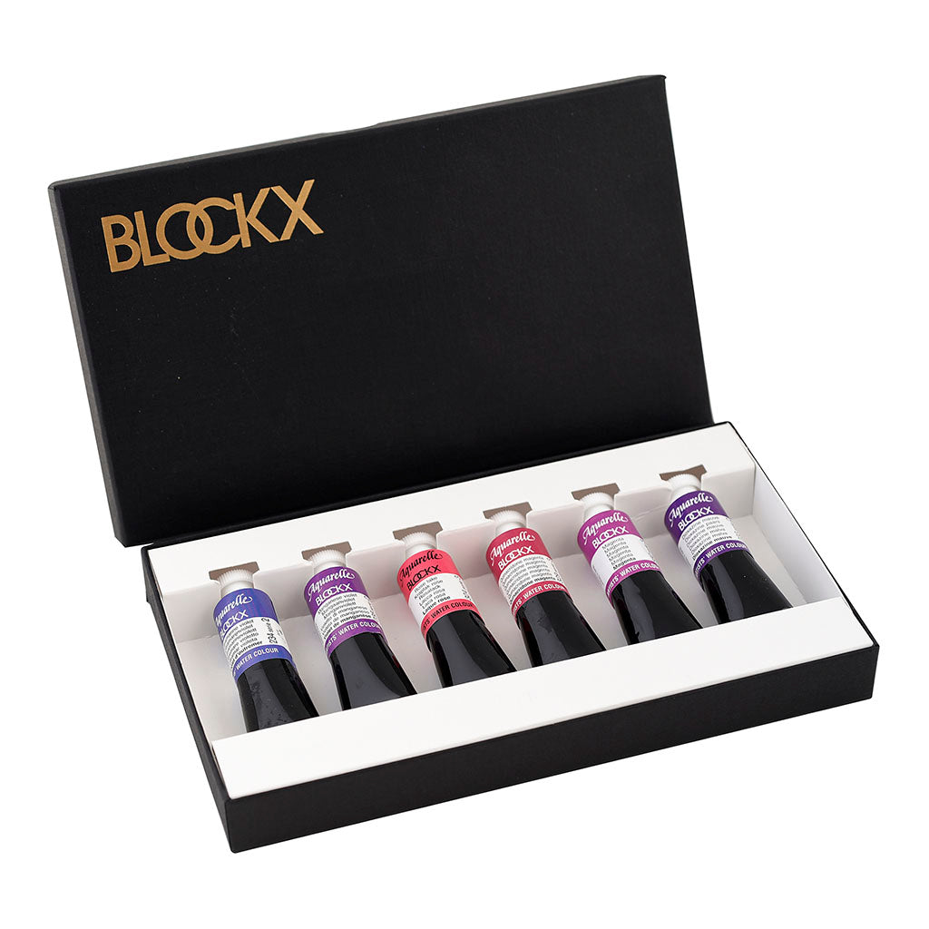 BLOCKX Watercolour Tube Set of 6 in Violets, featuring premium lightfast pigments for vibrant and lasting artistic expression.