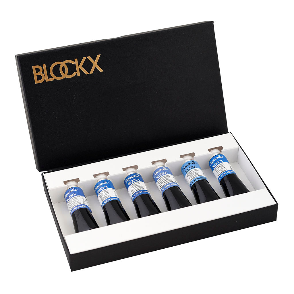 Set of 6 BLOCKX 15ml watercolour tubes in vibrant blues, ideal for artists seeking quality and versatility in their artwork.