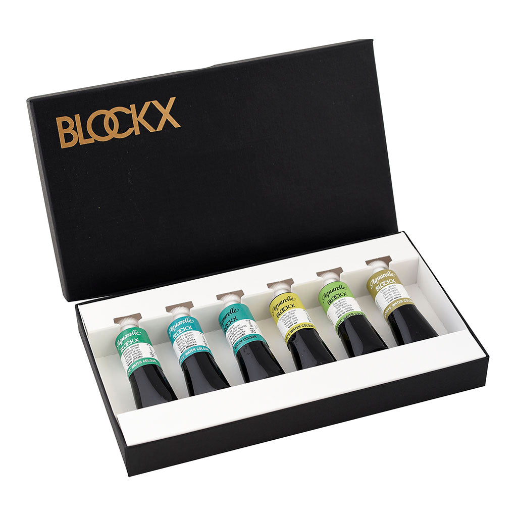 BLOCKX Watercolour Tube set featuring 6 vibrant green shades, perfect for creating nature-inspired artworks.