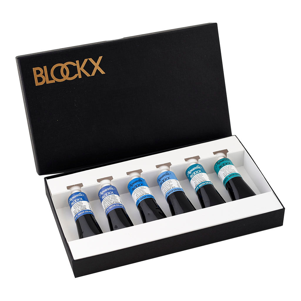 A vibrant set of 6 x 15ml BLOCKX watercolour tubes featuring cobalt shades for artists, crafted with light-resistant pigments.