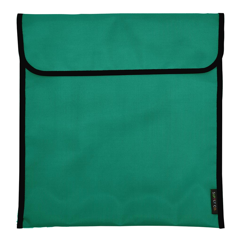 Dark green homework bag measuring 36x33cm, made of durable nylon with hook and loop fastener for secure school supply storage.