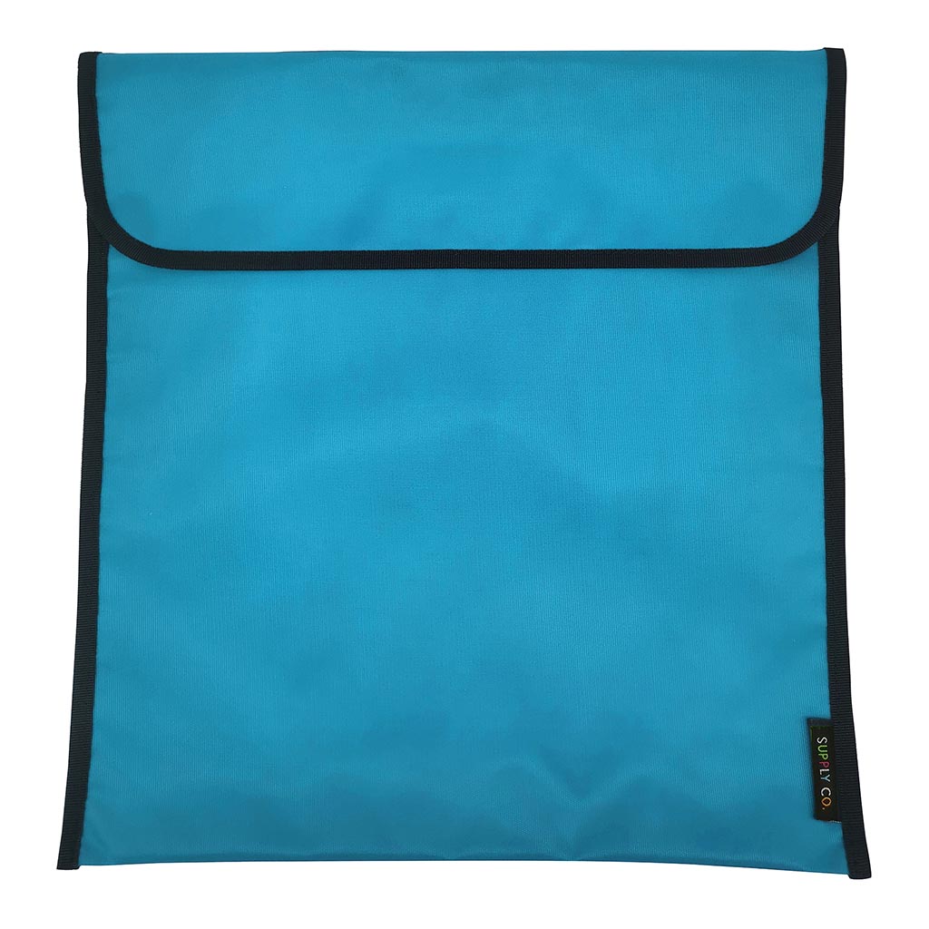Light blue, heavy-duty nylon homework bag, 36x33cm, perfect for organizing schoolwork with secure flap and fastener.