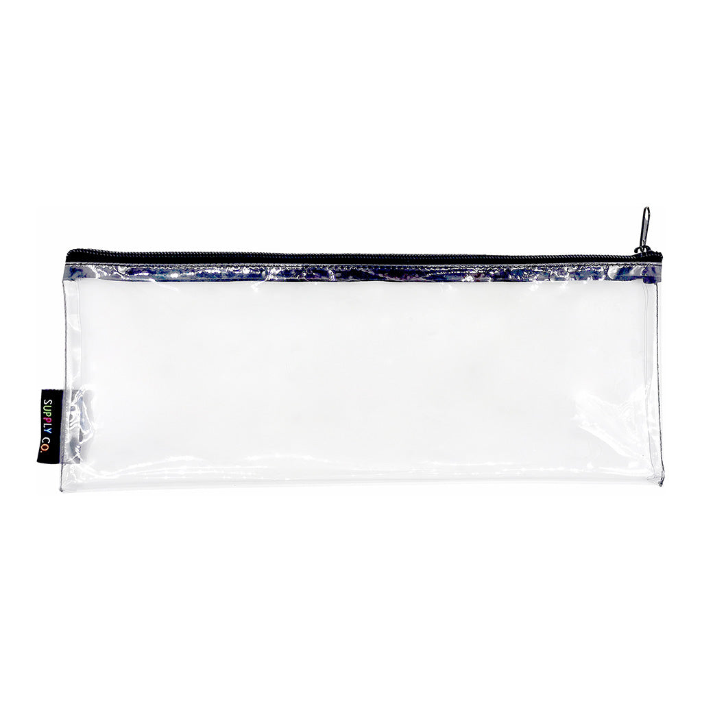 Clear PVC pencil case measuring 34x13.5cm, featuring a secure zipper and spacious design for organizing stationery and supplies.