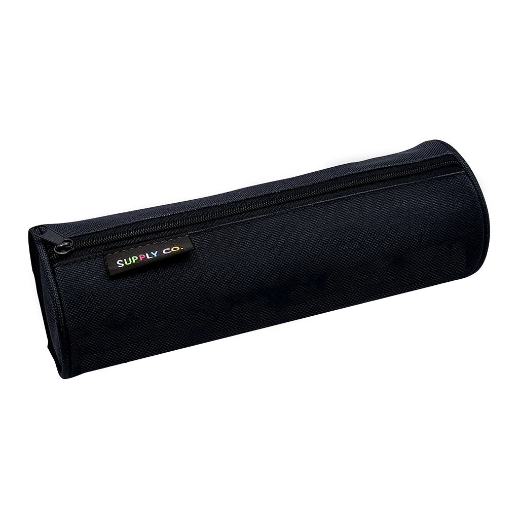 Eco-friendly black tube pencil case, 21x8cm, made from 98% recycled materials, featuring a single zippered compartment.