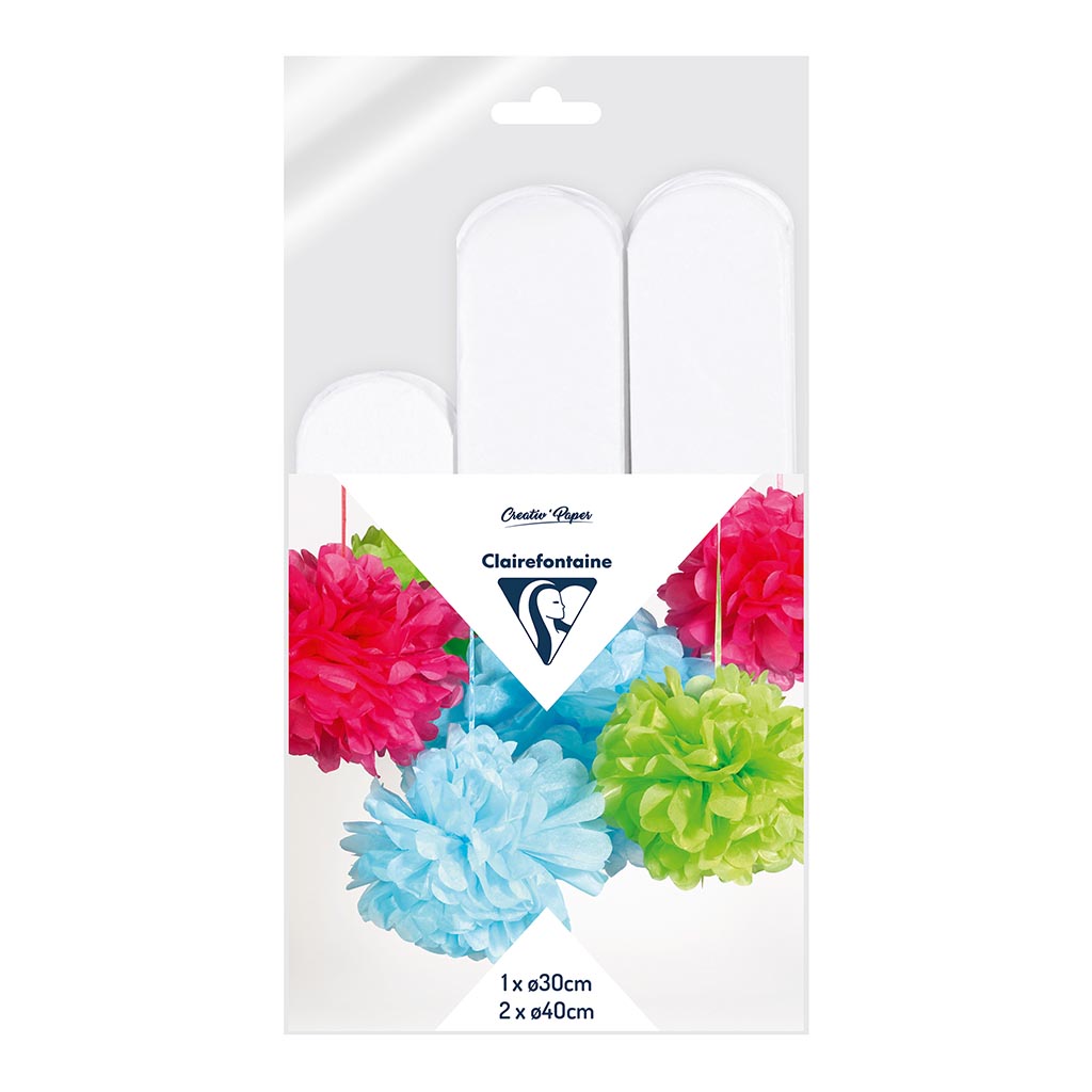 Clairefontaine Crepe Pompoms White, Pack of 3