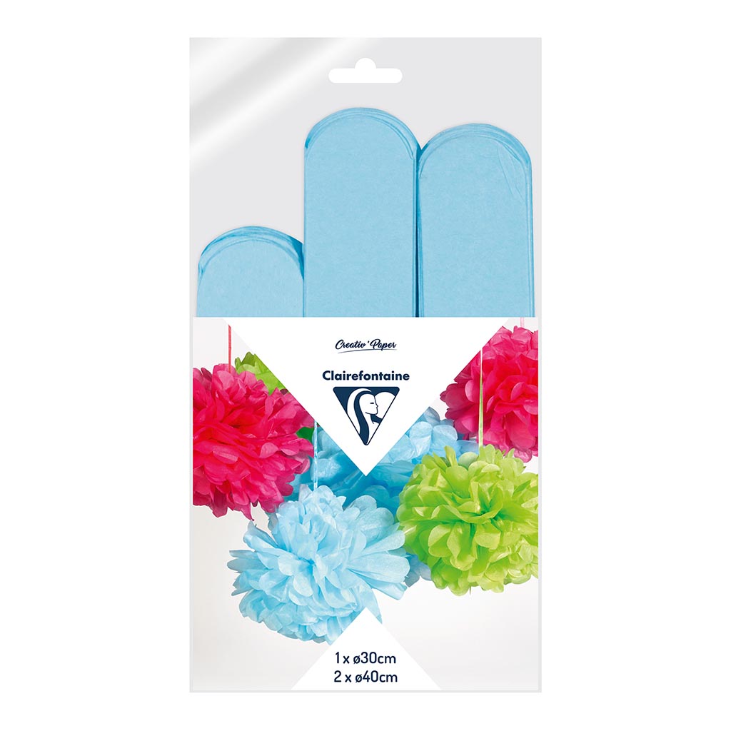 Clairefontaine Crepe Pompoms Sky Blue, Pack of 3