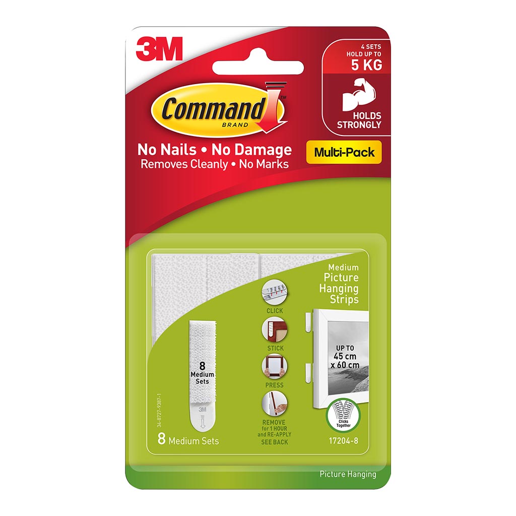 Command Picture Hanging Strips 17204VP-8PK Medium White, Pack of 8 Sets