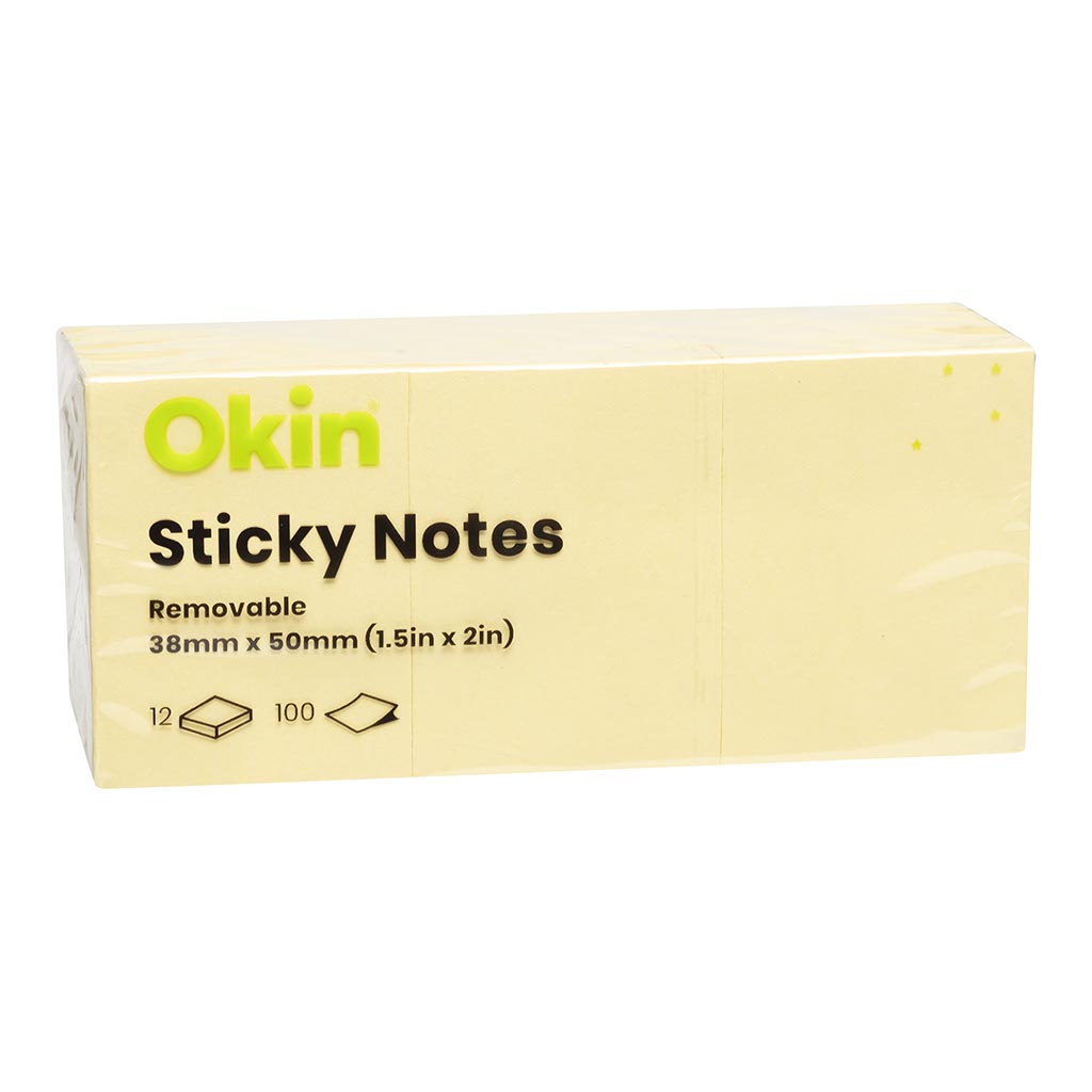 Okin Sticky Notes 38x50mm Yellow, Pack of 12