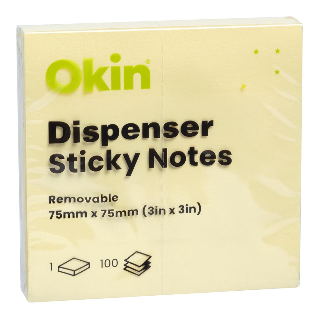 Okin Dispenser Sticky Notes 75mm x 75mm Yellow - Pack of 6
