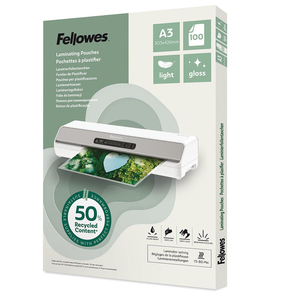 Fellowes Laminating Pouches Light Recycled Content A3 Gloss, Pack of 100