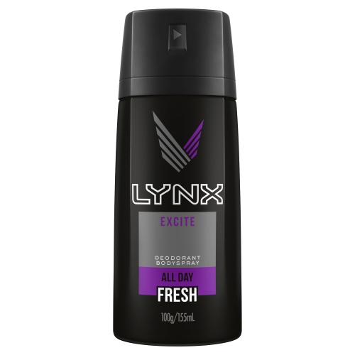Lynx Spray Excite 100g: Energizing body spray with amber, vanilla, and spices for bold confidence and lasting allure.