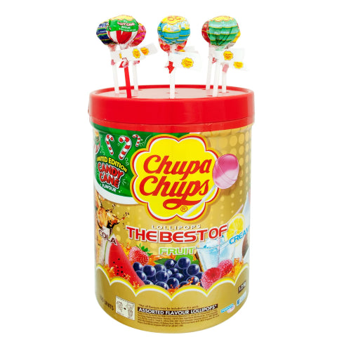 Colorful Chupa Chup Big Drum with 100 fruity lollipops, featuring flavors like Cola, Watermelon, and Strawberry.