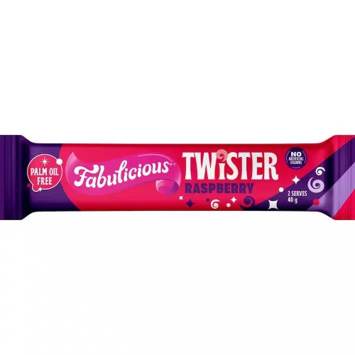 RJ's Fabulicious Raspberry Twister 40g pack of 24, crunchy candy bars bursting with sweet and tangy raspberry flavor.