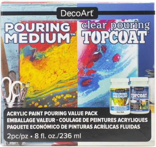 Decoart 8oz Pouring Value Pack includes pouring medium and clear top coat for vibrant, glossy fluid art.