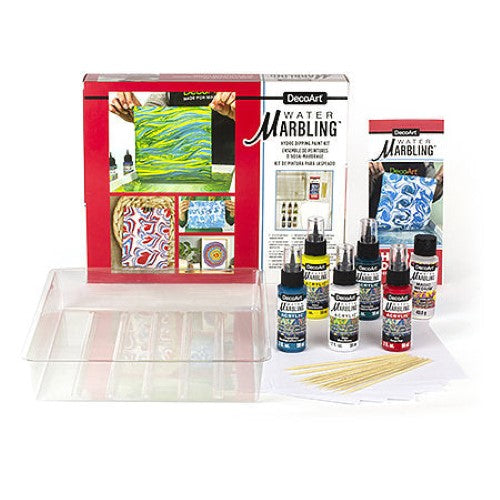 Decoart Water-Marbling Starter Kit with tray, marbling paper, acrylic colors, magic medium, and tools for creative designs.
