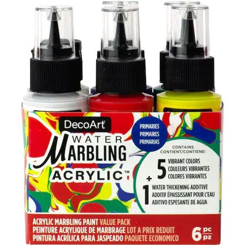 DecoArt Water Marbling Paints set of 6 vibrant acrylics for creating unique floating designs on water.
