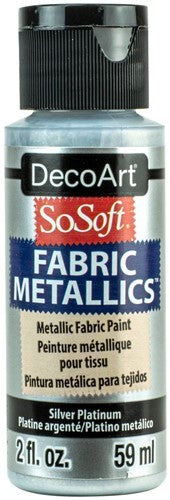 Decoart Sosoft Metallic Paint in Silver Platinum, ideal for vibrant, durable fabric designs with a stunning shimmer.
