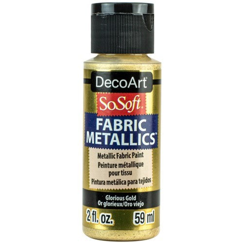 Decoart Sosoft Metallic Paint in Glorious Gold, a versatile 2oz fabric paint for vibrant and durable designs.