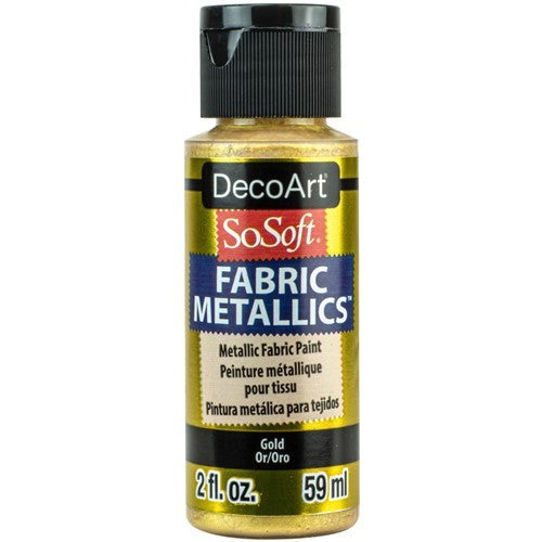 DecoArt SoSoft Metallic Paint in Gold, ideal for vibrant, durable fabric designs on textiles and accessories.