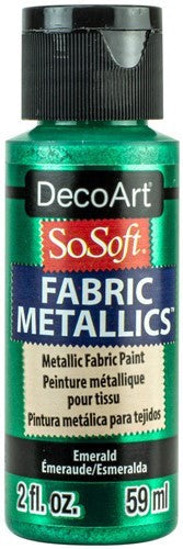 Decoart Sosoft Metallic Paint in Emerald, 2oz, for vibrant, flexible fabric art with a luxurious metallic finish.