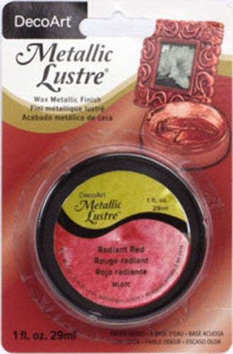 Decoart Metallic Lustre Wax in Radiant Red, a vibrant metallic finish for crafts, offering quick-drying application and brilliant shine.