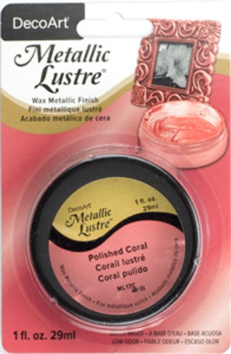 Decoart Metallic Lustre Wax in POLSHD Coral, a water-based wax for stunning metallic accents on various surfaces.