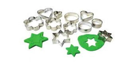 Set of 12 durable stainless steel cookie cutters in various shapes, perfect for creative baking and family fun.