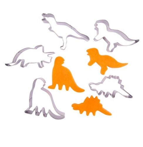 Five stainless steel dinosaur-shaped cookie cutters for creative baking, ideal for themed parties and kids’ treats.