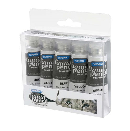 Derivan Liquid Pencil Set: 5 vibrant, rewettable liquid pencils for precision drawing and creative blending.