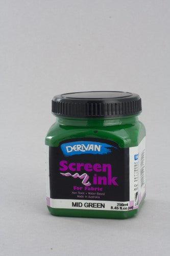 Mid Green Derivan Screen Ink 250ml bottle, non-toxic, water-based, ideal for silk screening and tie dyeing on fabric.