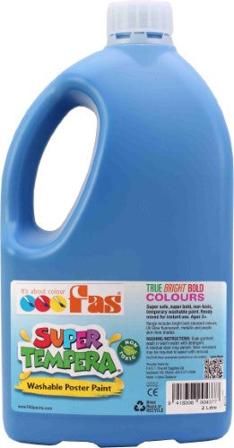 A 2-liter bottle of Fas Super Tempera Blue paint, perfect for vibrant, non-toxic art projects and easy use without shaking.
