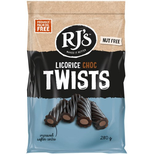 RJ’s Licorice Choc Twists 280g ( 12 Pack )