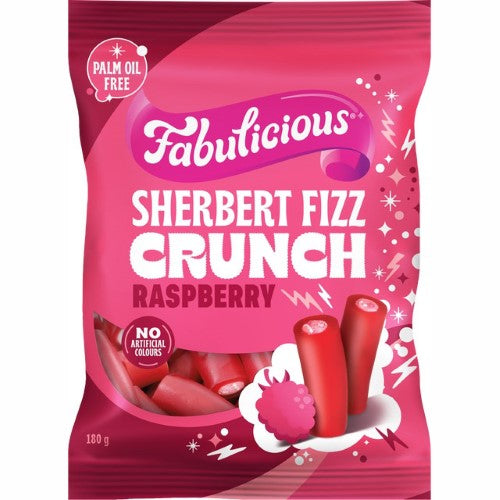 RJ's Fabulicious Raspberry Sherbert Crunch 180g pack of 12 features zesty raspberry flavor with a delightful crunch, palm oil-free.