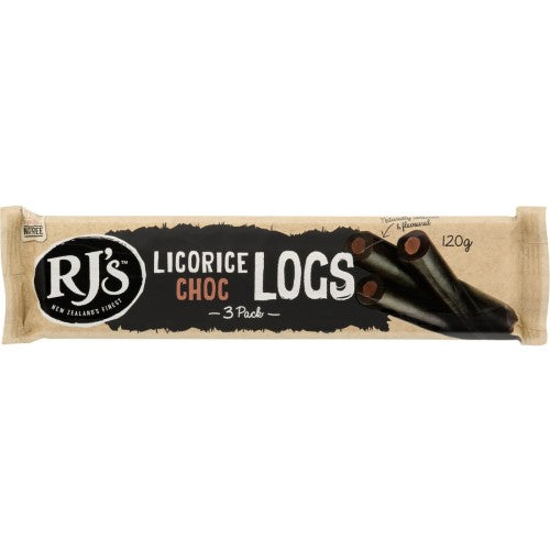 Chewy licorice choc logs in a 10-pack, combining rich flavors of chocolate and licorice, palm oil-free, made in New Zealand.