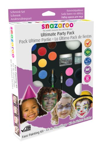 Colorful Snazaroo Ultimate Party Pack for face painting with 8 paints, brushes, sponges, and a guide for up to 50 faces.