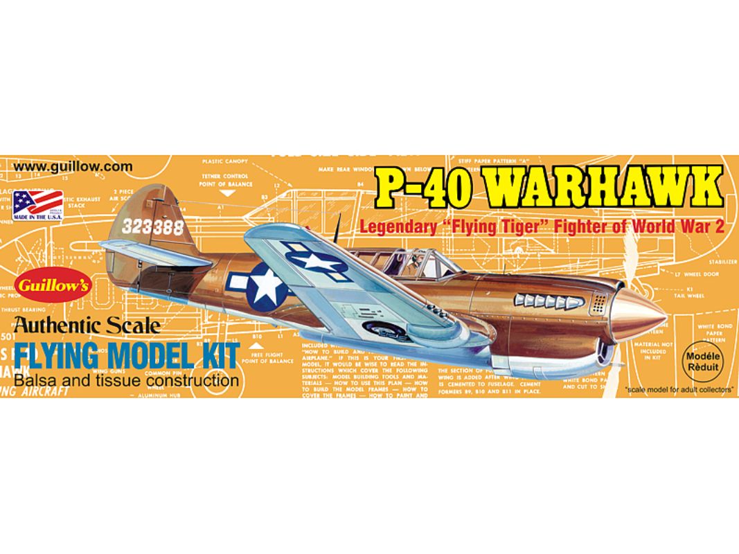 Balsa wood glider kit of the iconic WWII P-40 Warhawk, featuring a 16-inch wingspan for building and flying enjoyment.