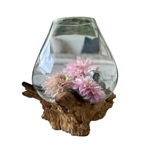 Hand Blown Recycled Glass Terrarium on Teak Root 35cm