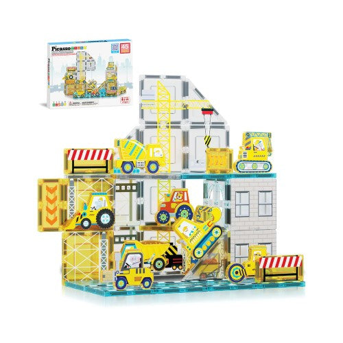 PicassoTiles Magnetic Tile Construction Adventure Set with Vehicle Figures