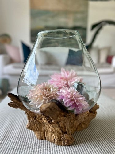 Hand Blown Recycled Glass Terrarium on Teak Root 35cm