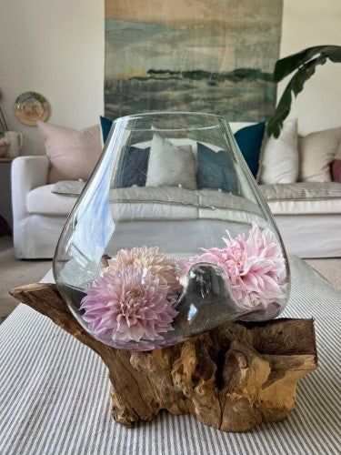 Hand Blown Recycled Glass Terrarium on Teak Root 35cm