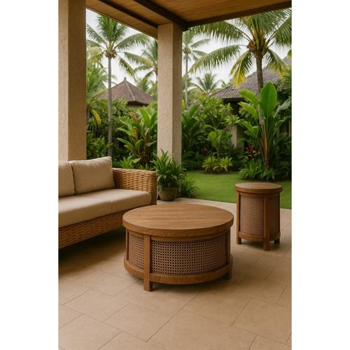 SANTORINI ELM & RATTAN ROUND COFFEE TABLE