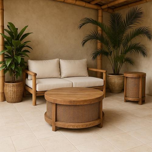 SANTORINI ELM & RATTAN ROUND COFFEE TABLE