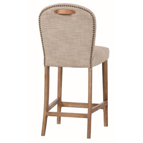 AMBERLEY FABRIC BENCH HEIGHT BARSTOOL W/ LEATHER HANDLE & STUDS